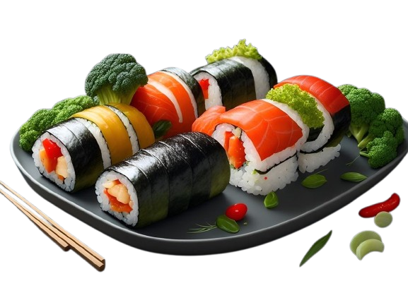 A top-down view of a delicious and beautifully arranged sushi platter.